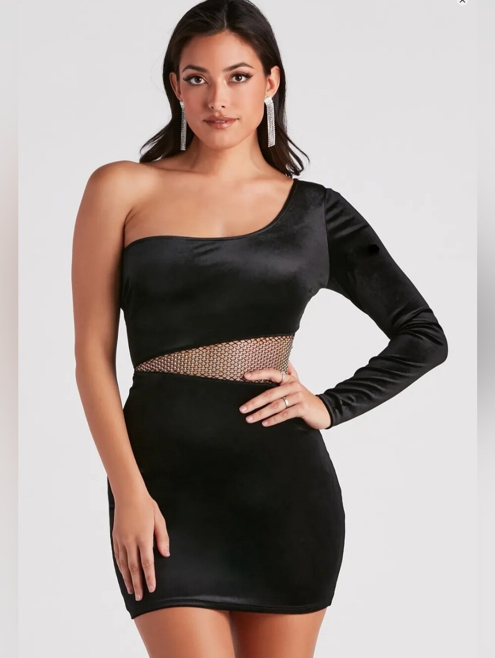 Windsor Black One-Shoulder Velvet Dress with Rhinestone Accent